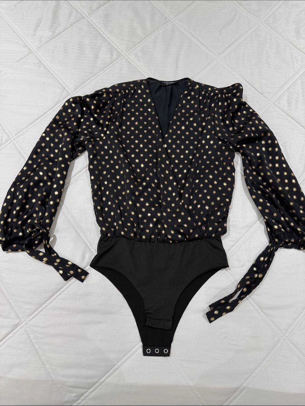 Zara Black Label Satin Bodysuit with Gold Accent Design and Balloon Tied Sleeves